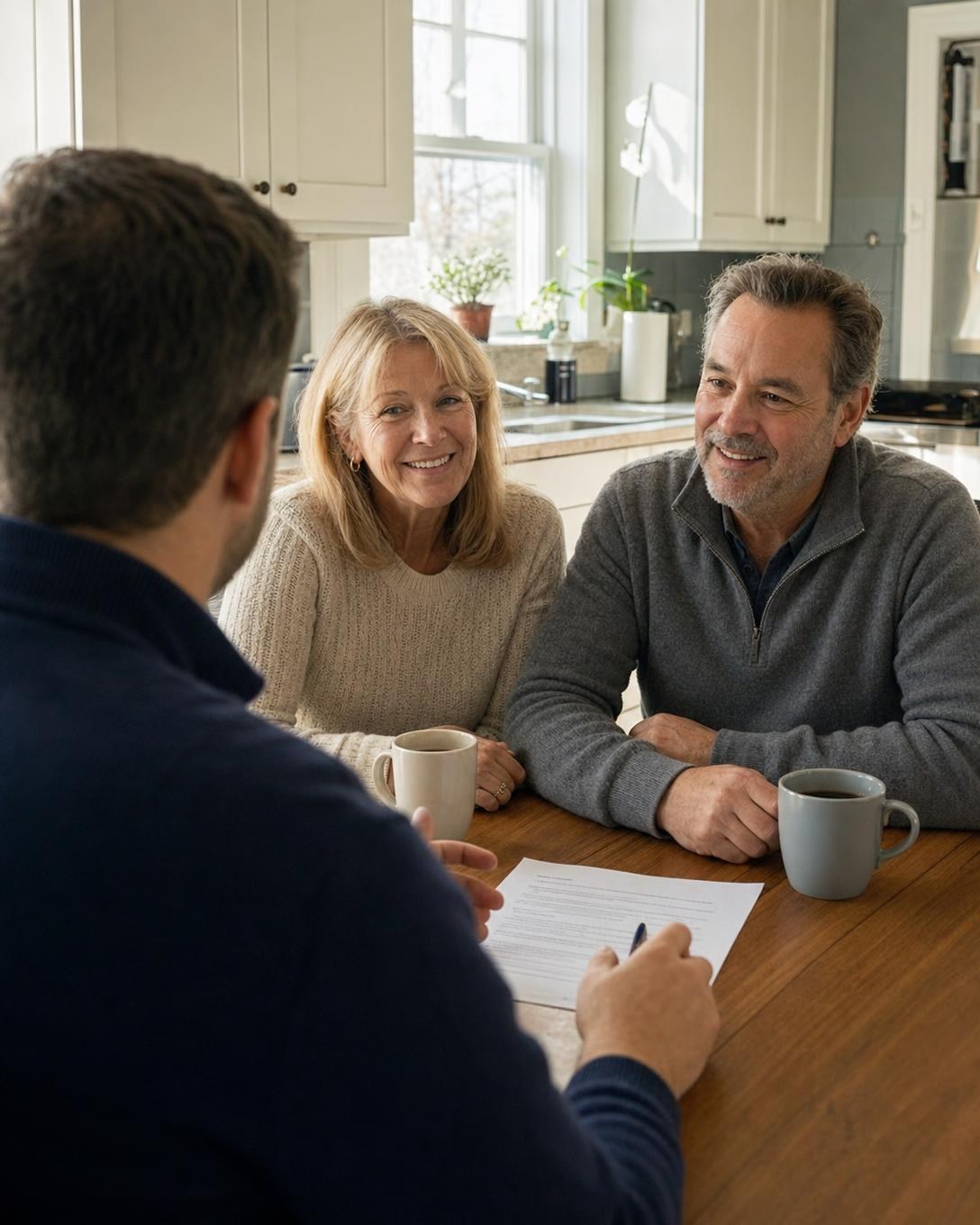 A home buyer sitting at a kitchen table going through a one page offer with a smiling older couple