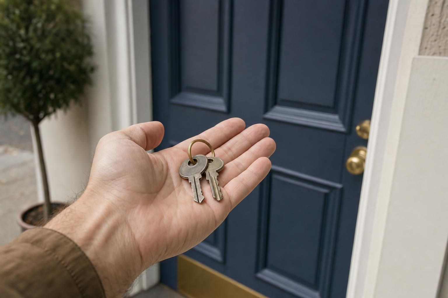Two house keys on a brass ring resting in an open hand in front of a navy blue front door